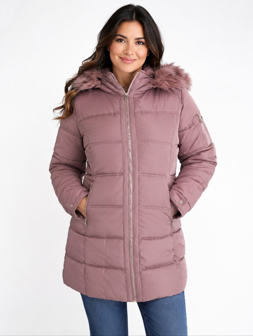 Jessica Simpson Women's Mauve Hooded Puffer Coat with Faux Fur Trim